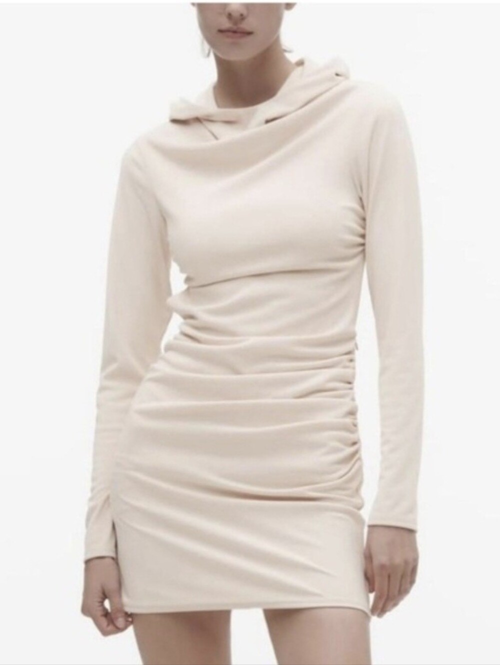 Zara Long-Sleeve Ruched Mini Dress in Light Beige